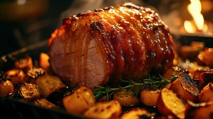 Honey-Glazed Ham with Roasted Vegetables, succulent ham glistening with juices, caramelized edges, surrounded by vibrant roasted veggies, inviting warmth