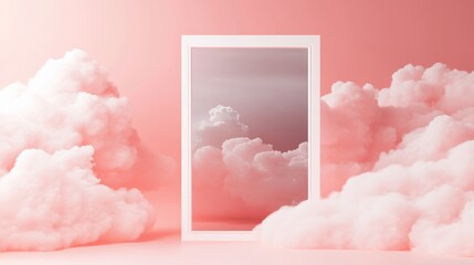 Mirror reflecting clouds in a pastel pink background, surreal and dreamy concept