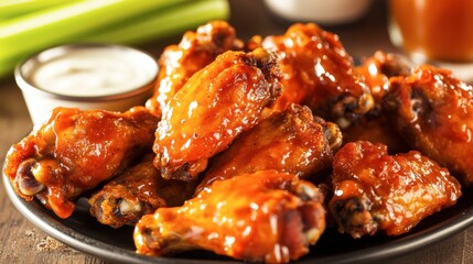 Spicy Chicken Wings Delight, succulent wings drenched in fiery sauce, paired with crisp celery sticks and creamy ranch, a mouthwatering feast.