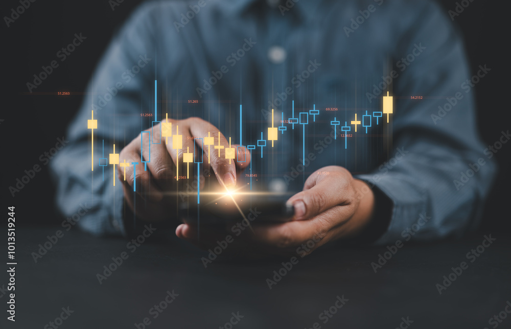 Poster A businessman or trader showing a growing virtual hologram stock on a smartphone, indicating an investment in trading. Concept of investment management. Strategy finance success wealth.