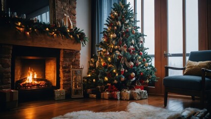 A delightful holiday scene featuring a crackling fire and a Christmas tree decorated with love