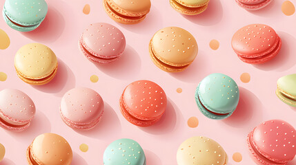 Fototapeta premium Colorful Macarons on Pink Background - Sweet Treats and French Delights