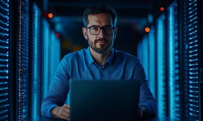 Portrait of Caucasian Male Specialist Using Laptop in Big Data Center. Managing Director Working Attentively. Technology Science Breakethrough. Progress and Innovation