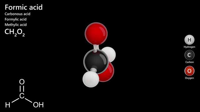 Molecule of Formic acid (HCOOH) is the simplest carboxylic acid. Found naturally in ant venom and certain plants. Its also used in leather production and textile processing. Black back. 3d render.