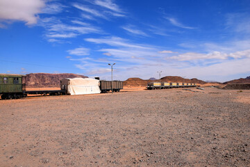 Old steam train in wadi rum desert jordan