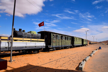 Old steam train in wadi rum desert jordan
