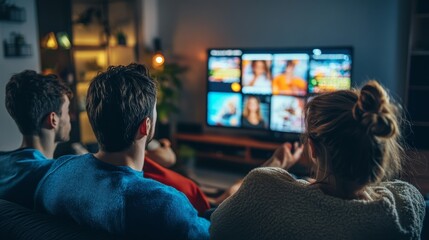 Friends enjoying virtual shopping together on a smart TV, blending social interaction with modern e-commerce technology