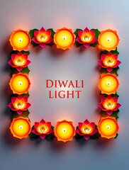 Fototapeta premium 3D Glowing Diwali Candles and Lotus Flowers Border Frame with 'Diwali Light' Text - Spiritual Serenity and Illumination Concept
