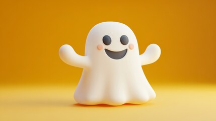 A creative 3D design of a Halloween ghost icon, featuring friendly expressions and bright colors, placed on a soft background