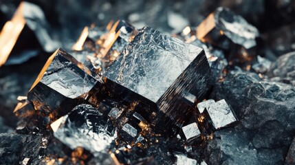 Fototapeta premium Galena mineral with a metallic sheen, showing cubic crystal formations embedded in rock