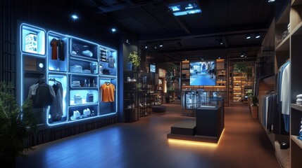 Smart home seamlessly integrating with a virtual retail platform, futuristic design, sleek aesthetics, vibrant ambiance