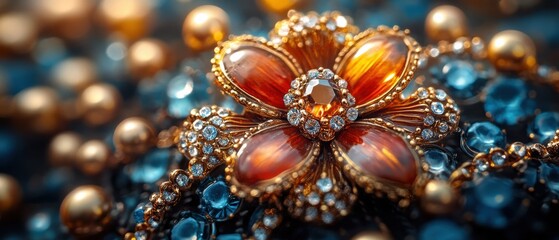 Golden Beads in Starry Night Pattern with Orange Gemstones.