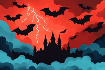 A captivating image of a haunted castle silhouetted against a stormy sky, where flashes of lightning