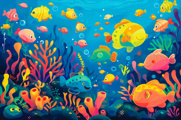 Fototapeta premium Underwater scene with fishes and coral reef. Cartoon vector illustration, An underwater scene filled with cute, smiling sea creatures and corals in vibrant colors