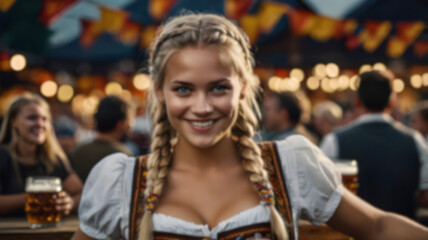 Blur image of a Beautiful and smiling German blonde with two braids and beer, celebrating the Oktoberfest event for background usage.