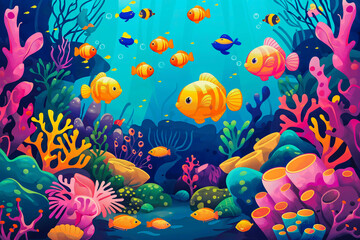 Underwater scene with fishes and coral reef. Cartoon vector illustration, An underwater scene filled with cute, smiling sea creatures and corals in vibrant colors