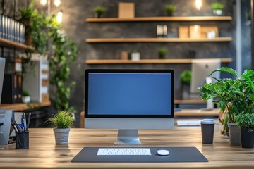 Modern office room interior with meeting table, panoramic window. Mock up wall, Generative AI