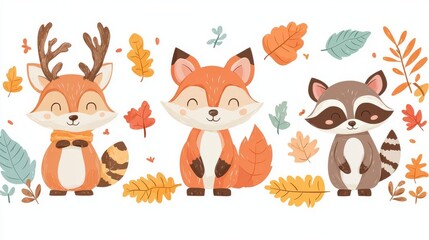 Naklejka premium Adorable woodland animals including a deer, fox, and raccoon surrounded by colorful autumn leaves. Perfect for children's themes.