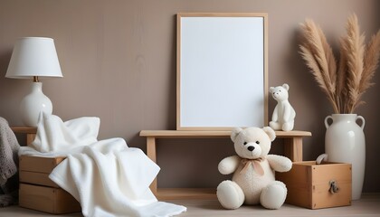 A white teddy bear is sitting on a wooden bench next to a blank framed wall art, with a white blanket in the background.