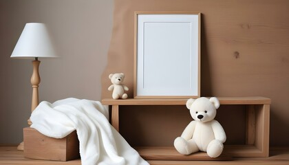 A white teddy bear is sitting on a wooden bench next to a blank framed wall art, with a white blanket in the background.