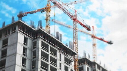 Fototapeta premium Towering construction site with cranes and ongoing high rise development in the city