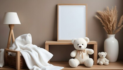 A white teddy bear is sitting on a wooden bench next to a blank framed wall art, with a white blanket in the background.
