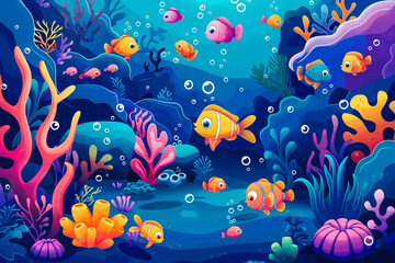 Obraz premium Underwater scene with fishes and coral reef. Cartoon vector illustration, An underwater scene filled with cute, smiling sea creatures and corals in vibrant colors