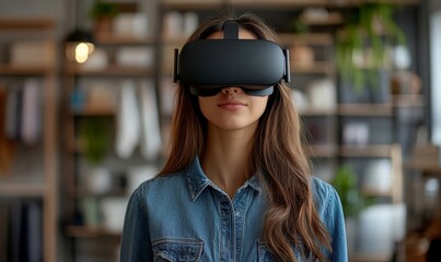 Young Beatiful Women is Using Virtual Reality Headset for Doing an Online Shopping In Stylish Loft Apartment. Casualy Dressed Female is Using Innovative Softwear to Purchase Cloth. 3D Website