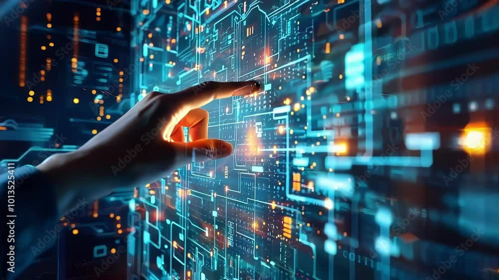 Poster person is touching a digital screen with their finger, interacting with a complex network of data an