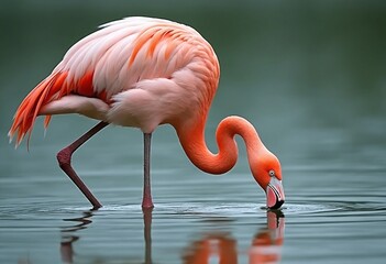 A pink flamingo wades in the water, bending neck and head to drink, while submerging legs
