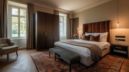 A beautifully designed bedroom with wooden floors, a modern wardrobe, and a sophisticated entrance, creating a warm and luxurious atmosphere