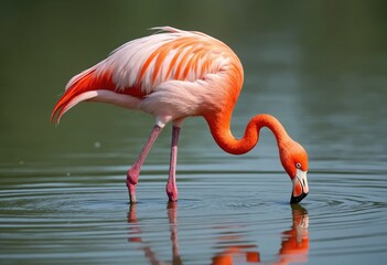 A pink flamingo wades in the water, bending neck and head to drink, while submerging legs