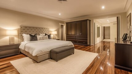 A beautifully designed bedroom with wooden floors, a modern wardrobe, and a sophisticated entrance, creating a warm and luxurious atmosphere