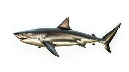 Fototapeta premium Full-Length Profile of a Shark Standing Vertically on a White Background