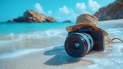 A camera with a straw hat sits on a sandy beach, the lens pointing towards the ocean.