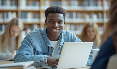 University Library: Diverse Group of Gifted Students Have Discussion, use Laptop, Prepare for Exams Together, Helping, Researching Subjects for Paper Assignment. Happy Young People Study for