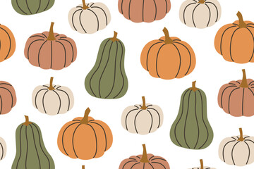 seamless pattern with different pumpkin; Halloween, autumn background - vector illustration