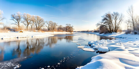 Glossy Frozen River Winding Through Snow-Covered Banks: Perfect Winter Background with Copy Space for Seasonal Promotions - Wide Angle Shot
