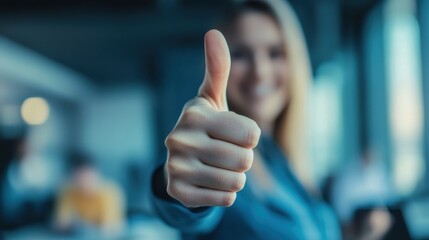 A smiling person giving a thumbs-up gesture in a professional setting.