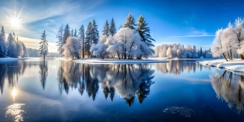 Fototapeta premium 3D Glossy Frozen Lake with Snow-Capped Trees: Reflective Winter Scene with Clear Copy Space for Banners
