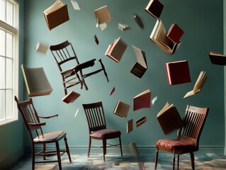 Fototapeta premium Books and chairs float in mid-air against a teal wall, creating a surreal and whimsical atmosphere, inviting curiosity and imagination.