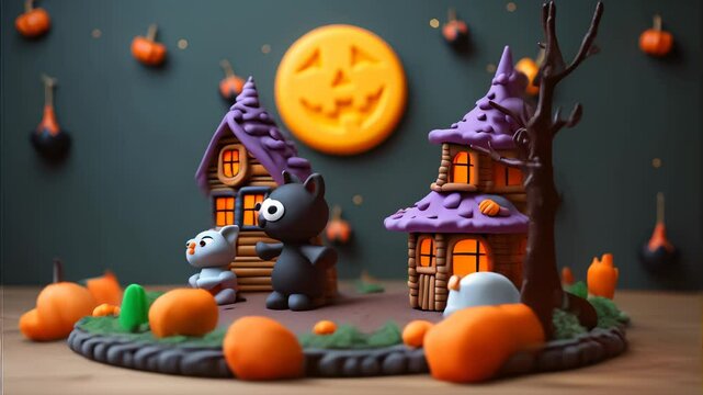 a halloween scene with a cat and a witch house. 