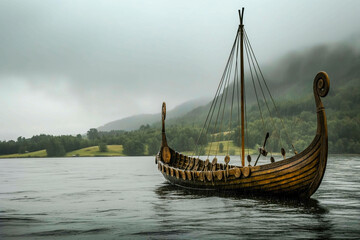 Viking Boat on Misty Lake with Mountain View