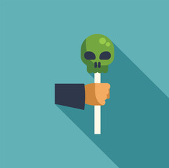 Minimal illustration of a hand holding a green skull lollipop on a stick, halloween concept