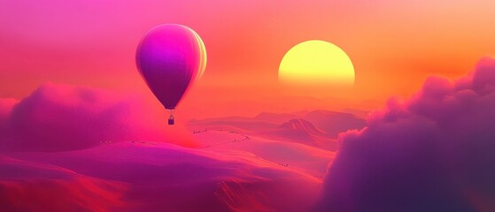 Fototapeta premium A vibrant sunset scene featuring a purple hot air balloon soaring above colorful clouds.