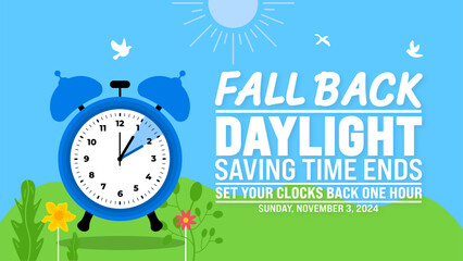 Fall Back daylight saving time ends 2024 background or banner design template. Fall Back Time 2024 is observed every year in November. Set Your Clock Back One Hour banner with clock.