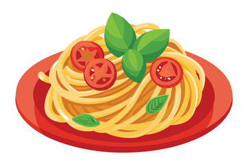 Vector Illustration of Vegan Italian Pasta with Tomato and Basil - Delicious Recipe.