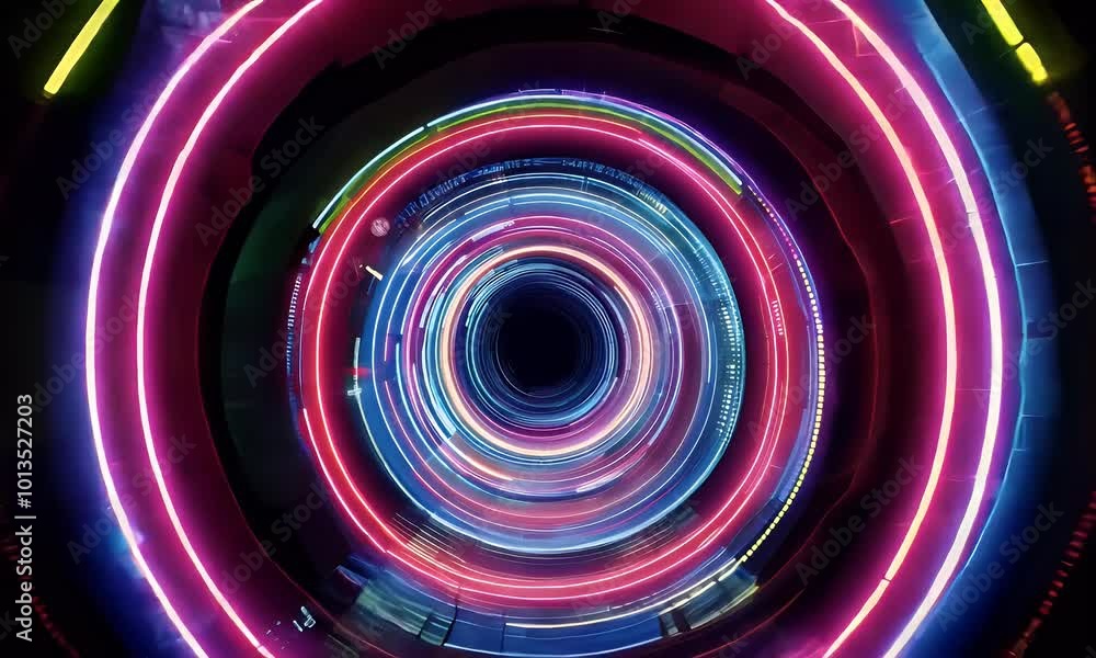 Poster an immersive neon tunnel glows with dynamic color patterns, transporting you to a futuristic visual 