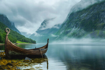 Viking Boat on Misty Lake with Mountain View