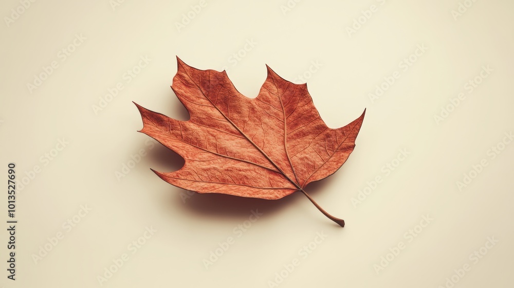 Poster a detailed 3d rendering of a red autumn leaf, emphasizing its dry texture and unique shape, isolated
